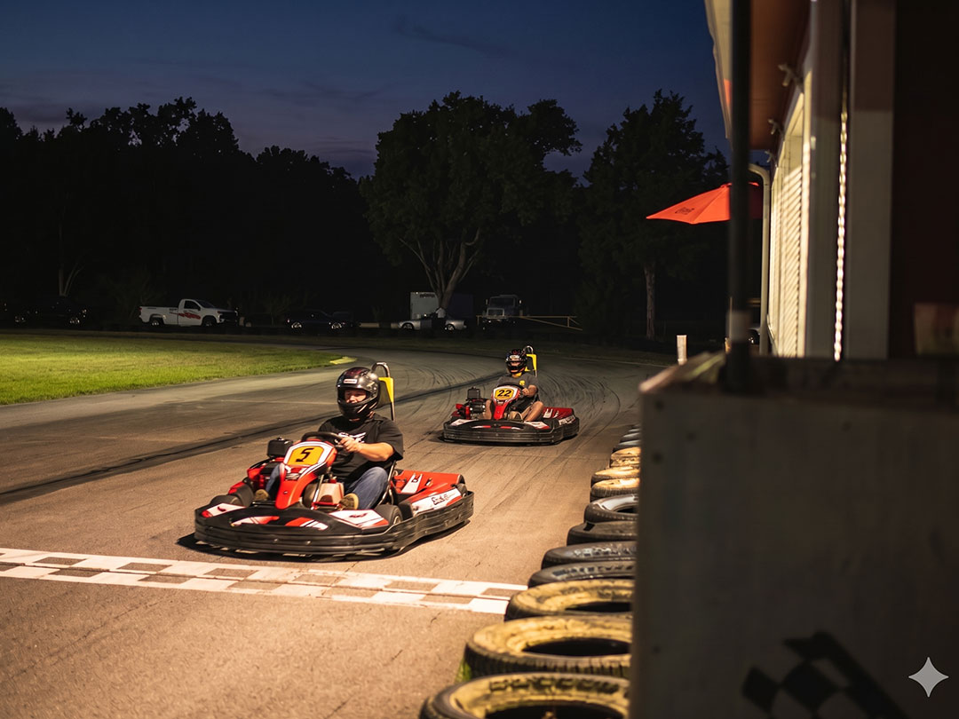 Go-karts wheel-to-wheel at VIR Karting under the lights