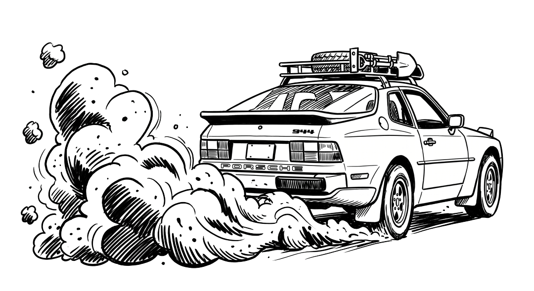 Sketch illustration of a 944 kicking up dirt on the rally course