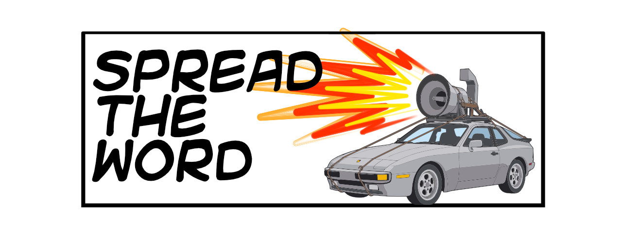 944Fest Spread the Word artwork: a Porsche 944 rigged with a loudspeaker