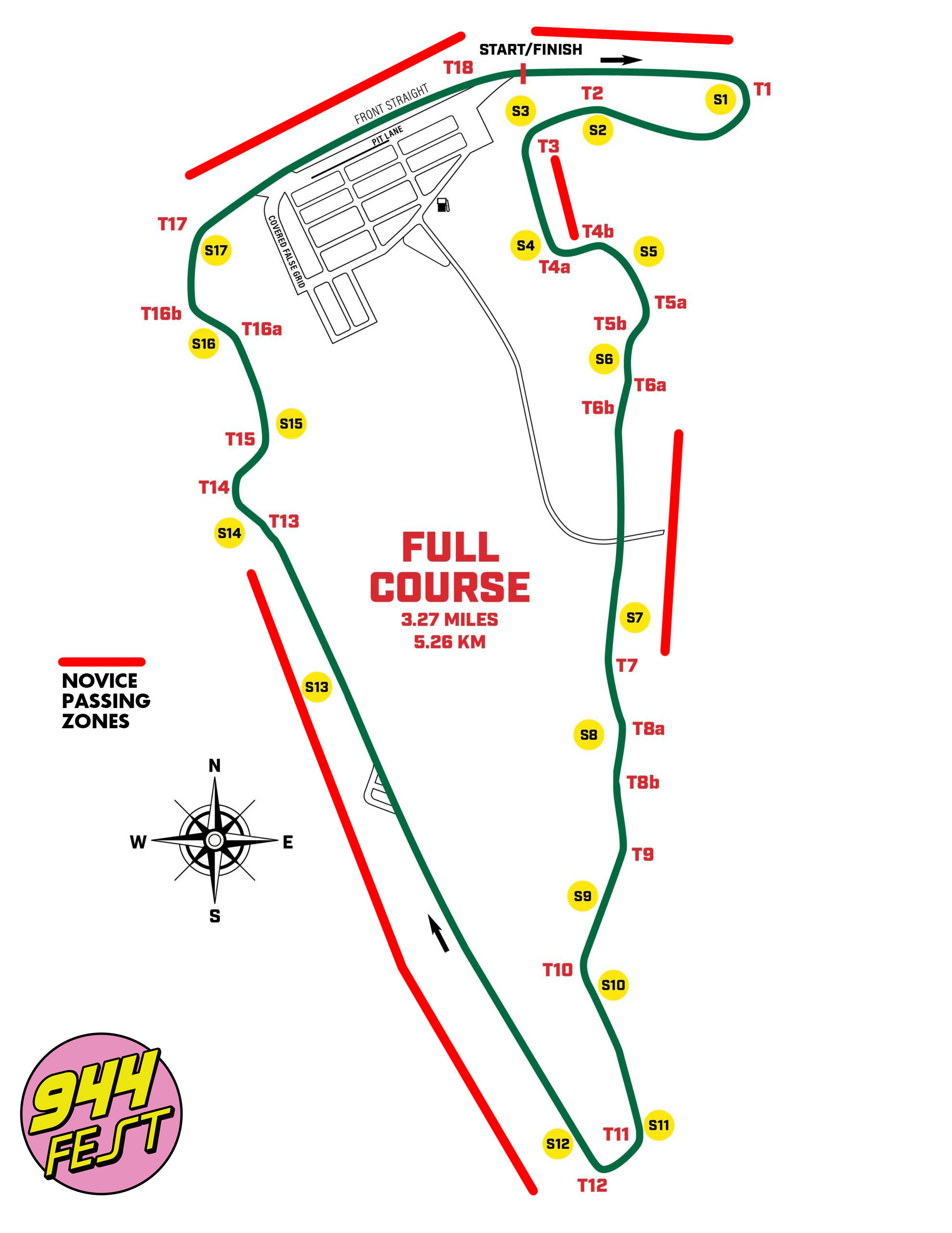 VIR Full Course track map with novice passing zones marked in red