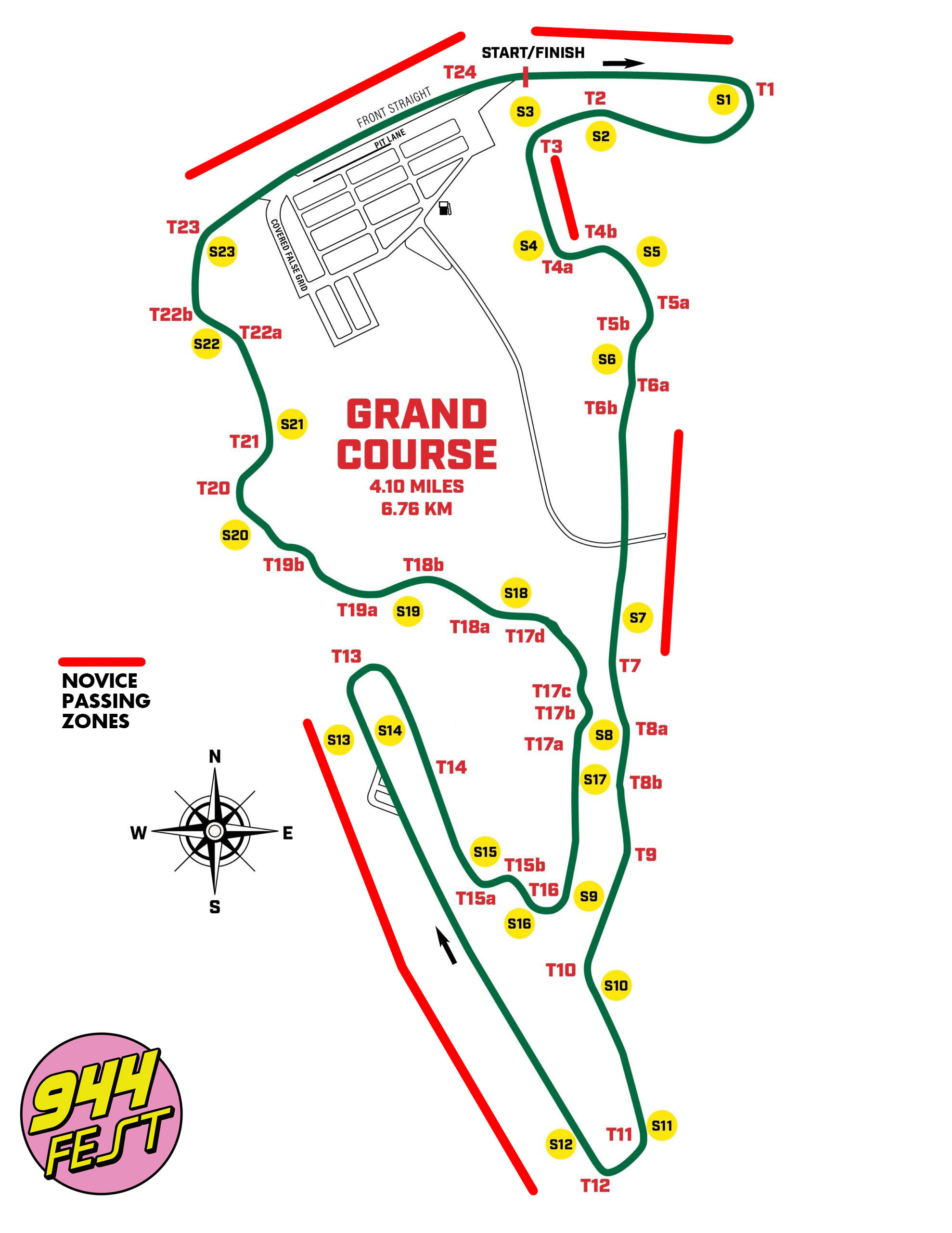 VIR Grand Course track map with novice passing zones marked in red